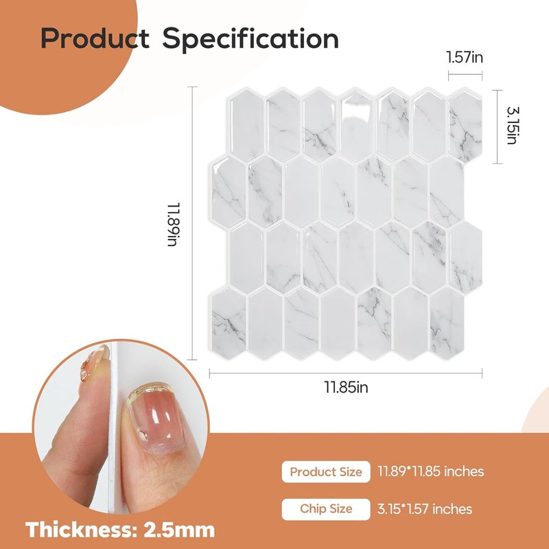 Vamos Tile بلاط خلفية قابل للإزالة والتثبيت بتصميم سميك مطور، 10 ورقات من بلاط الرخام الرمادي الطويل سداسي الشكل ذاتي اللصق، مناسب للمطبخ والحمام والمركبات الترفيهية ومدفأة. - Image 4